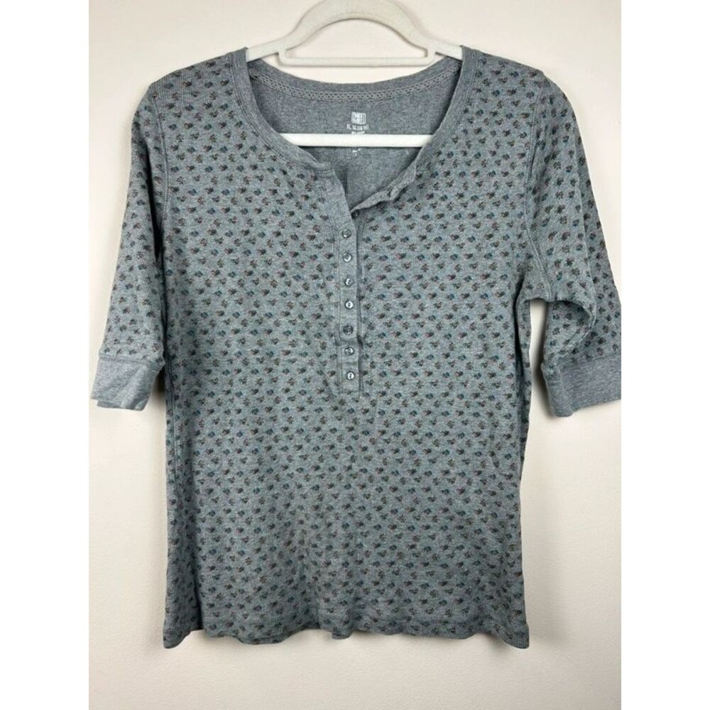 VTG 90s Style 100% Cotton Floral Henley Shirt XL Grey Ribbed Knit Ditsy Grunge